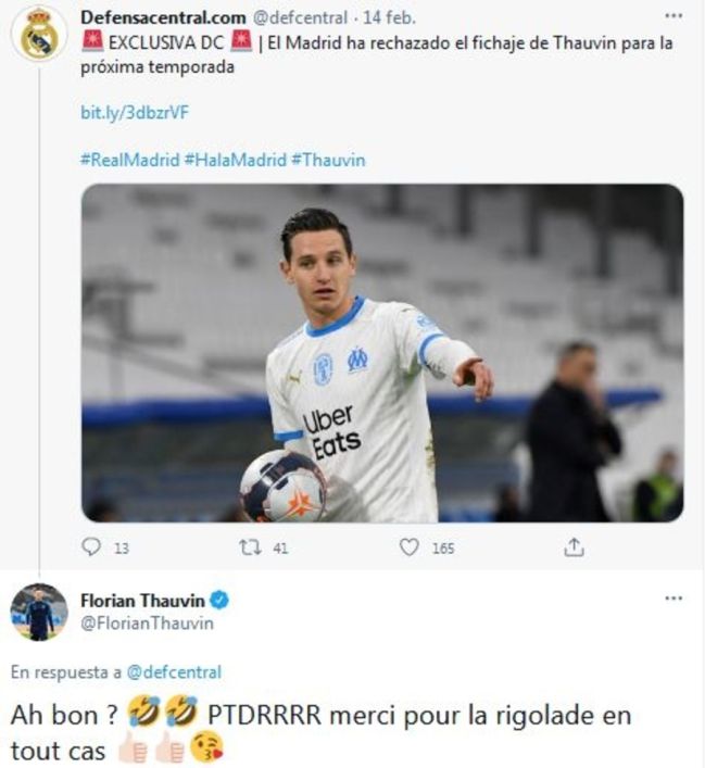 Imagen del tuit compartido por Thauvin sobre el rechazo del Madrid.