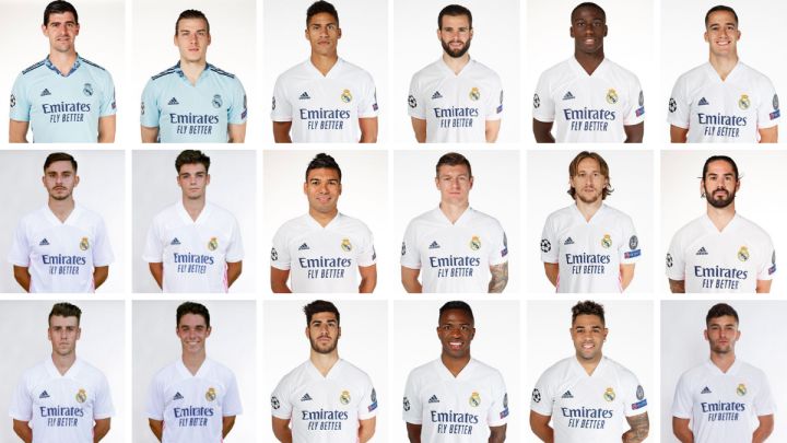 Courtois, Lunin, Varane, Nacho, Mendy, Lucas Vázquez, Víctor Chust, Miguel Gutiérrez, Casemiro, Kroos, Modric, Isco, Blanco, Arribas, Asensio, Vinicius, Mariano y Hugo Duro, jugadores del Real Madrid.