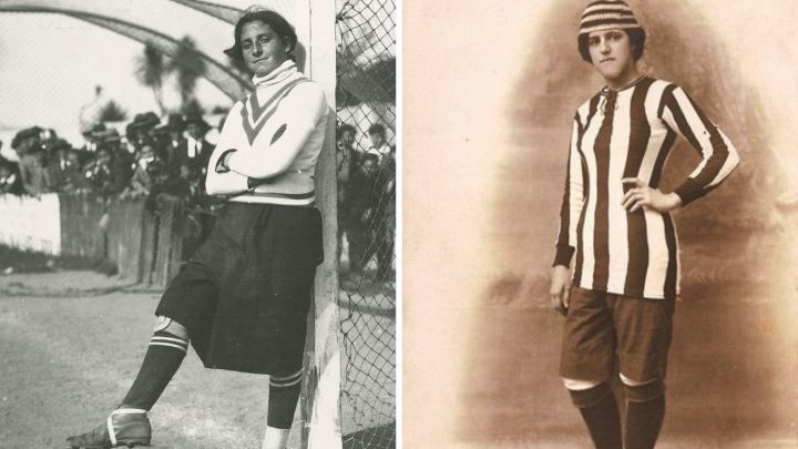 A la izquierda, Irene, antes de un partido en el Parque de Riazor, de A Coruña (el antiguo campo del Deportivo). Está datada en 1925 cuando tenía 16 años. A la derecha, Nita Carmona posa con la camiseta del Sporting de Huelva.