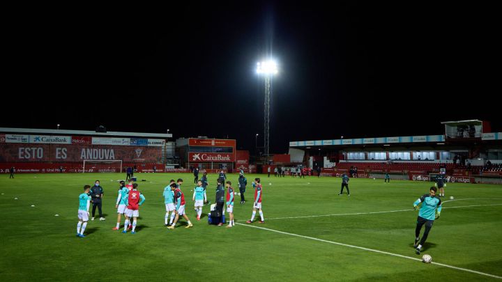 MIRANDA DE EBRO, SPAIN - MARCH 13:A general view prior to the Liga Smartbank match between CD Mirandes and RCD Espanyol at Estadio Municipal de Anduva on March 13, 2021 in Miranda de Ebro, Spain. Sporting stadiums around Spain remain under strict restrictions due to the Coronavirus Pandemic as Government social distancing laws prohibit fans inside venues resulting in games being played behind closed doors. (Photo by Angel Martinez/Getty Images)