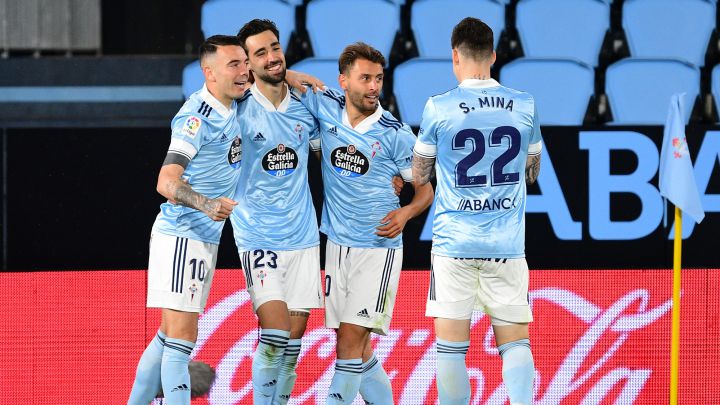 Iago Aspas, Brais Méndez, Kevin Vázquez y Santi Mina celebran el primer gol del Celta contra el Levante en Balaídos.