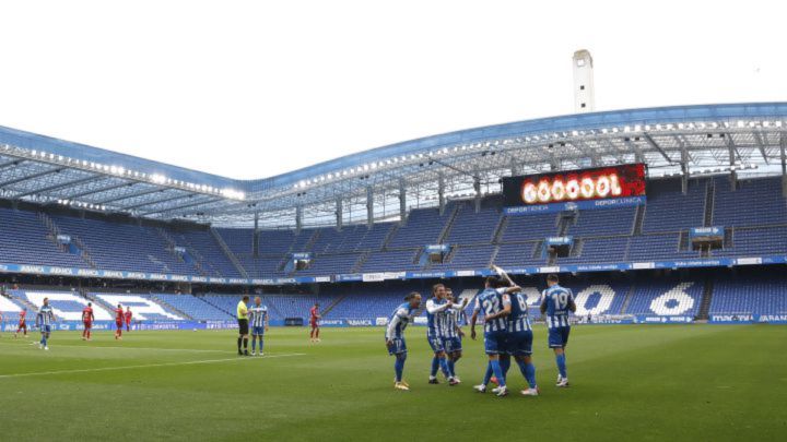 Los jugadores del Deportivo, celebrando un gol en Riazor esta temporada.