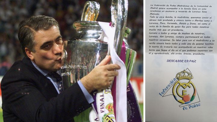 Lorenzo Sanz, presidente del Real Madrid entre 1995 y 2000, besa la séptima Copa de Europa del Real Madrid. A la derecha, la carta de la Federación de Peñas Madridistas de la Comunidad de Madrid a la familia Sanz en el funeral por Lorenzo.
