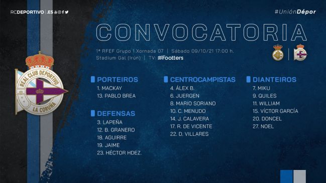 Convocatoria del Deportivo ante el Real Unión.