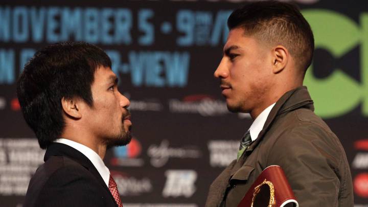 Manny Pacquiao y Jessie Vargas, en el pesaje y la rueda de prensa previa al combate que ambos púgiles disputan este sábado en Las Vegas.