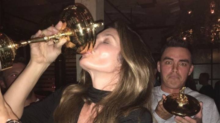 Model Cindy Crawford drinks from the Ryder Cup at party