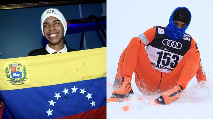 El esquiador venezolano Adrián Solano posa con una bandera de Venezuela y durante su actuación en los Mundiales de Esquí Nórdico de Finlandia.