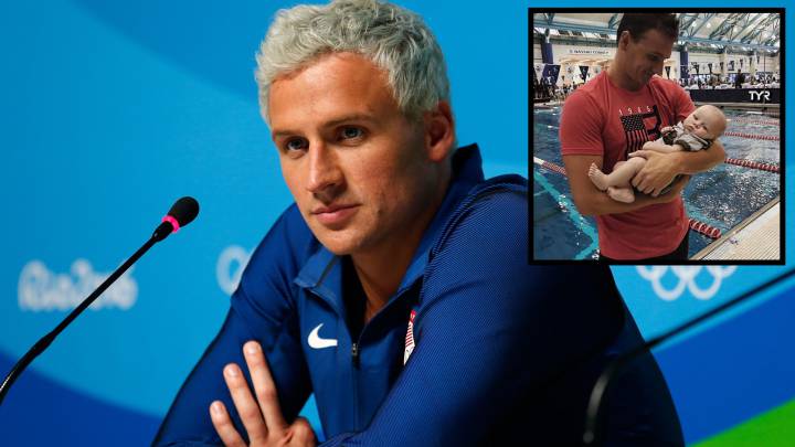 Ryan Lochte, en Río 2016. Al lado, con su hijo ayer en Nueva York.