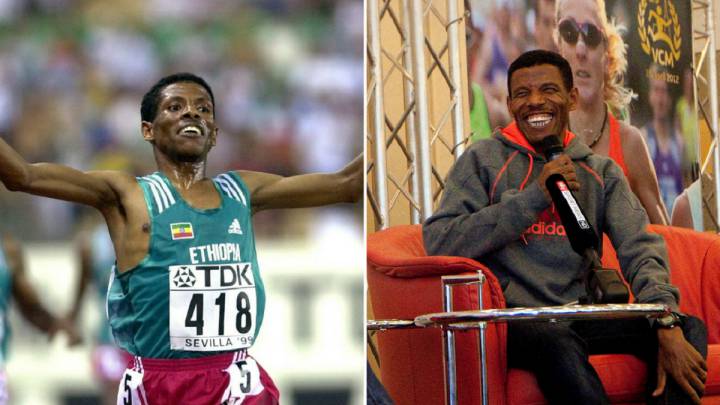 El atleta etíope Haile Gebrselassie durante los Mundiales de Sevilla de 1999 y en un acto publicitario.