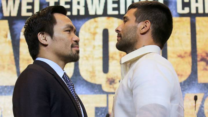 Manny "Pacman" Pacquiao y Lucas Matthysse se encaran durante la presentación de combate del próximo 15 de julio en Kuala Lumpur.