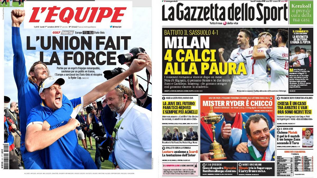 Portadas de L'Équipe y La Gazzetta dello Sport del 1 de octubre de 2018 con la Ryder Cup como protagonista.