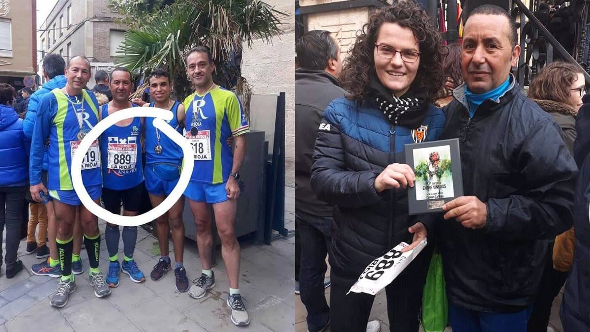 Imagen del atleta que compitió con el dorsal de una mujer en la Carrera Entre Viñedos de Cenicero y de la mujer inscrita posando con el premio junto al suplantador.