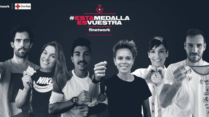Javier Beirán, Marta Xargay, Maverick Viñales, Amanda Sampedro, Sandra Sánchez y Saúl Craviotto posan para la campaña "Esta medalla es vuestra"