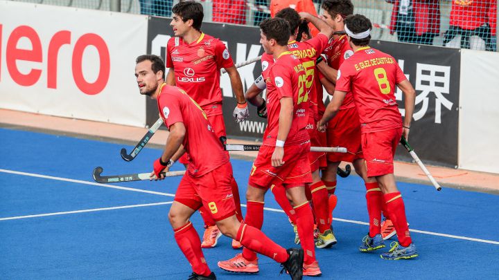 Los jugadores de la selección española de hockey celebran un gol durante un partido.