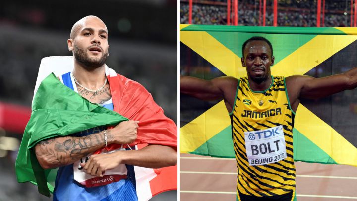 Los campeones olímpicos de los 100 metros lisos Marcell Jacobs y Usain Bolt