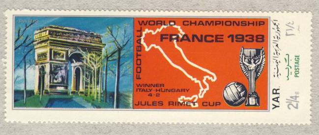 Timbre postal oficial de la Copa del Mundo de 1938.