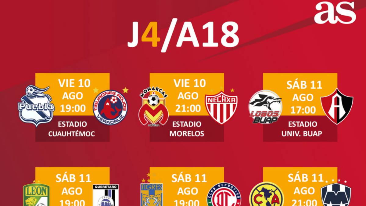 Fechas y horarios de la jornada 4 del Apertura 2018 de la Liga MX ... Fechas y horarios de la jornada 4 del Apertura 2018 de la Liga MX ...