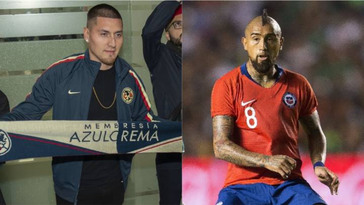 Nico Castillo a su llegada a México y Arturo Vidal durante un partido.
