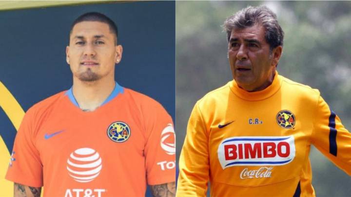 Nicolas Castillo posa con la camiseta del América / Carlos Reinoso durante un entrenamiento de las Águilas.