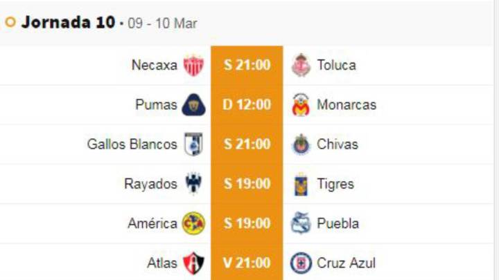 Fechas y horarios de la jornada 10 del Clausura 2019 de la Liga MX