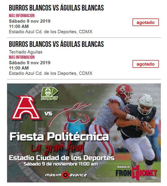 Venta para el Águilas vs Burros del IPN