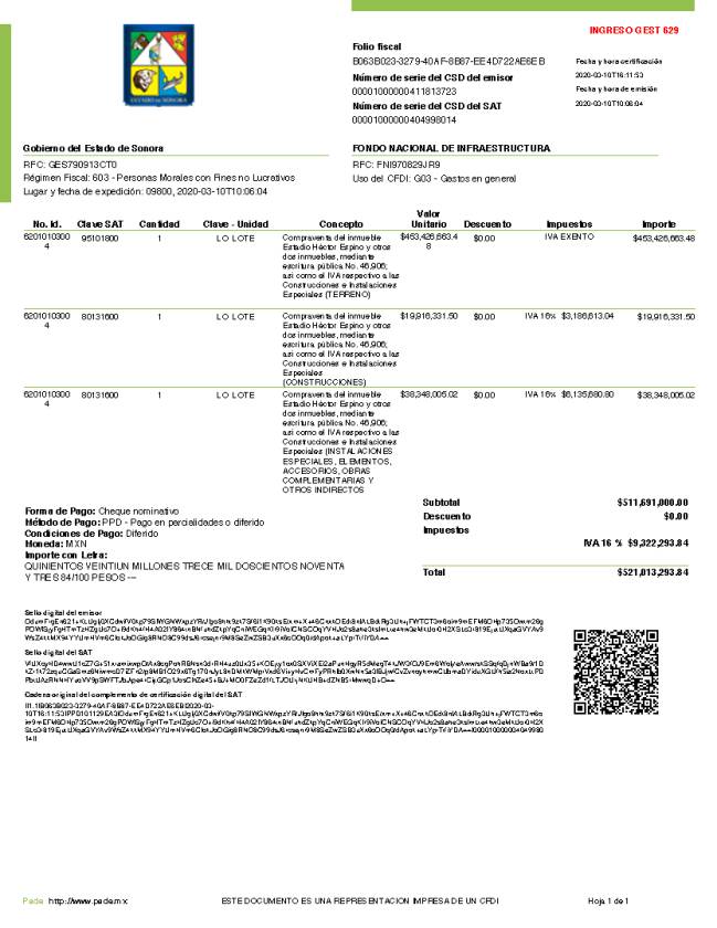 Factura de compraventa del Estadio Héctor Espino de Hermosillo, Sonora