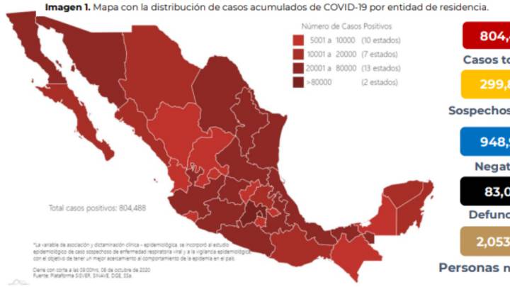 Mapa, muertes y casos de coronavirus en México por estado hoy 8 de octubre