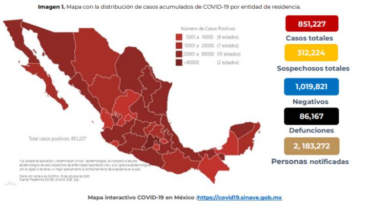 Mapa de casos de coronavirus en México por estados hoy 19 de octubre