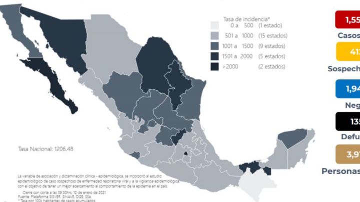 Mapa, muertes y casos de coronavirus en México por estados hoy 13 de enero