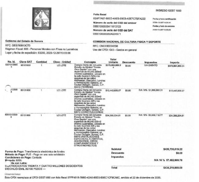 La factura del pago de Conade al gobierno de Sonora por el Estadio Tomás Oroz Gaytán