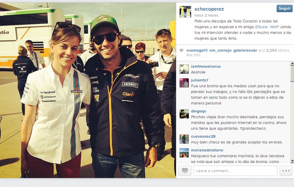 Sergio Pérez se disculpa: "Pido perdón a mi amiga, Susie Wolff"