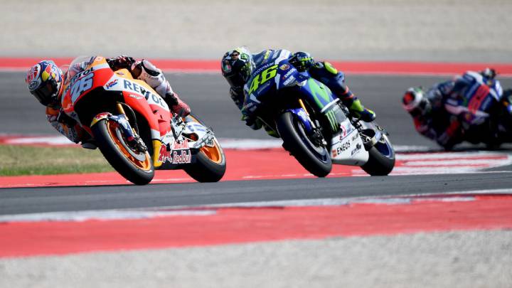 Pedrosa se impone en Misano con Rossi y Lorenzo en el podio.