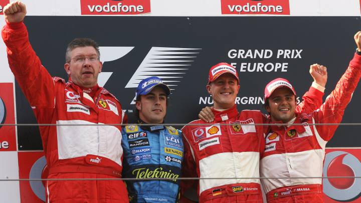 Brawn, Alonso, Schumacher y Massa tras el GP de Europa 2006 en Nurburgring, Alemanial.