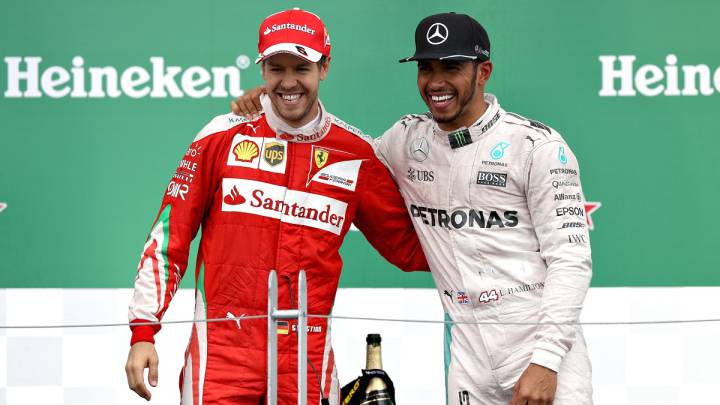 Sebastian Vettel y Lewis Hamilton en el podio del GP de Canadá.