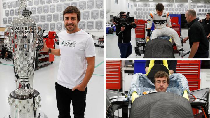 Fernando Alonso haciéndose el asiento para la Indy 500 y posando con su trofeo.