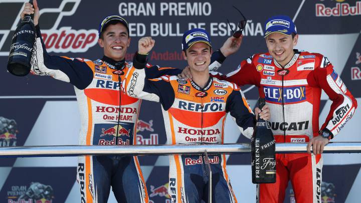 Marc Márquez, Dani Pedrosa y Jorge Lorenzo en el podio de GP España 2017 Jerez.