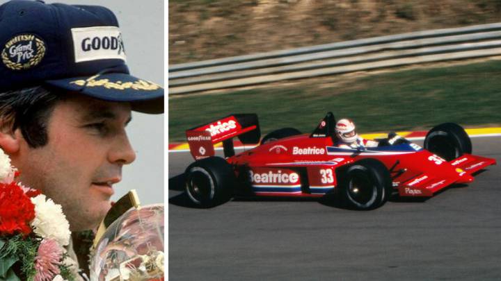 Alan Jones y el coche del Team Haas que llevaba en 1985.