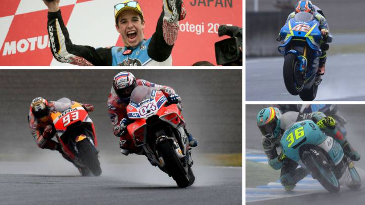 Marc Márquez, Dovizioso, Álex Márquez, Álex Rins y Joan Mir en Motegi.