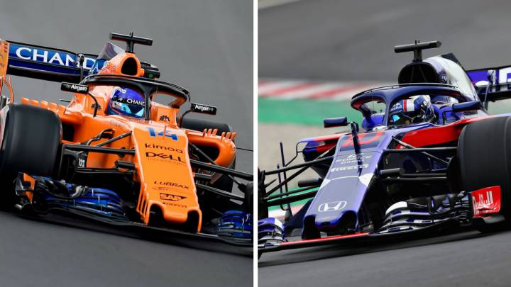 Fernando Alonso con el McLaren Renault y Pierre Gasly con el Toro Rosso Honda durante los test de F1 en Montmeló.