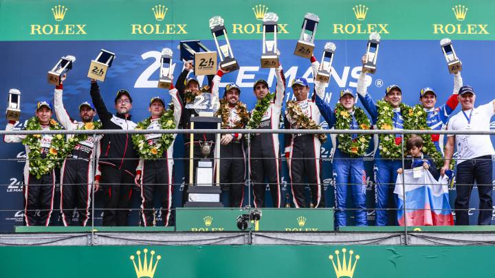 'Pechito' López, Buemi y Vandoorne, los tres pilotos de FE que estuvieron en el podio de Le Mans.