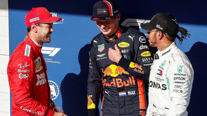 Sebastian Vettel, Max Verstappen y Lewis Hamilton, en Interlagos. Brasil, F1 2019.