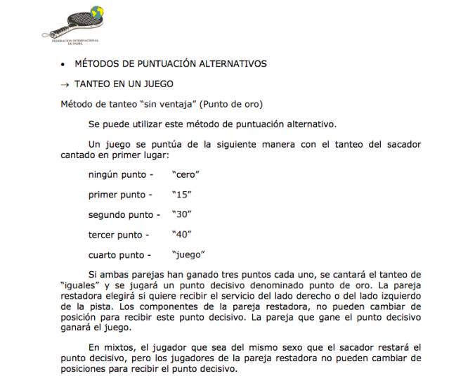 El apartado de la FIP incluido en la normativa World Padel Tour sobre el 'Punto de Oro'.
