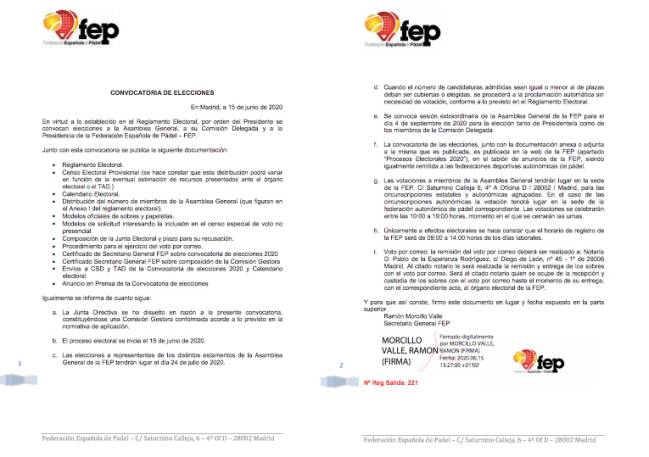 El documento oficial de la Convocatoria de Elecciones de la FEP.
