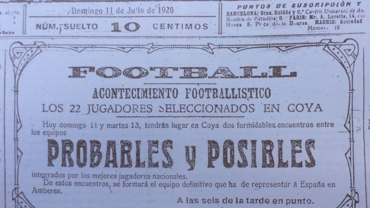 Cartel que anunciaba la celebración de un partido con los jugadores seleccionados para los Juegos Olímpicos de Amberes 1920.