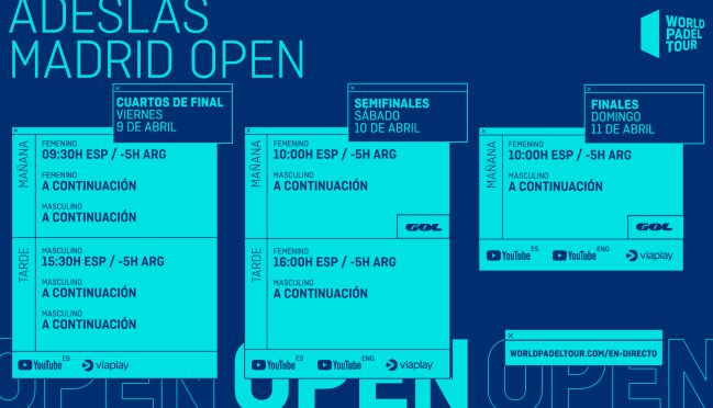 Los horarios de streaming y emisión televisiva del Madrid Open de World Padel Tour.