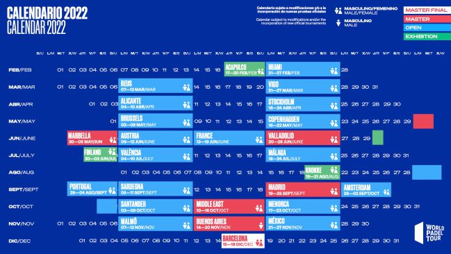 El calendario oficial de World Padel Tour 2022.