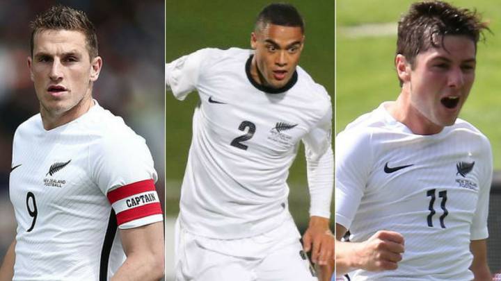 Chris Wood, Winston Reid y Marco Rojas, jugadores de Nueva Zelanda.