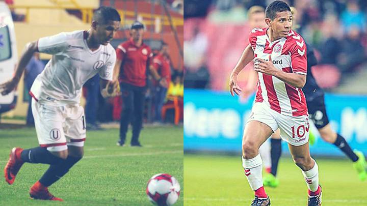 Roberto Siucho y Édison Flores durante partidos de Universitario y Aalborg.