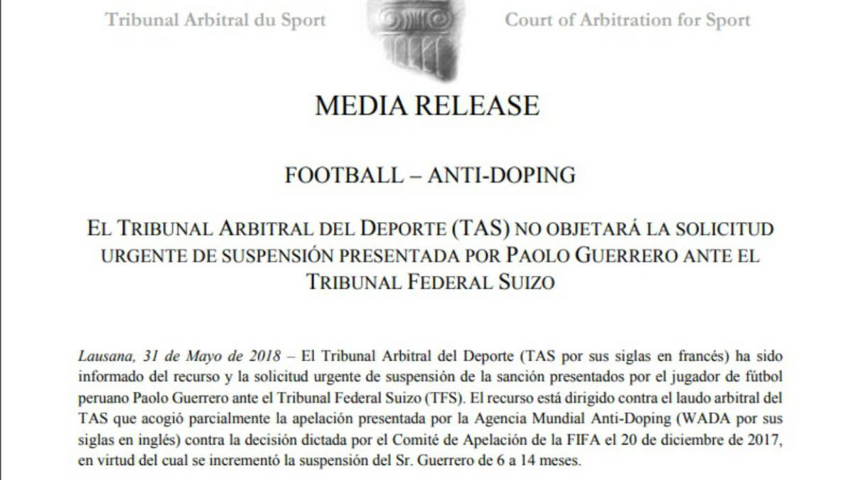 Oficial: el TAS "no se opone" al indulto a Paolo Guerrero