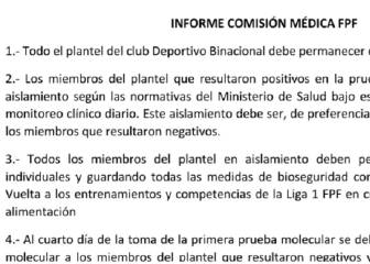 Se pide aislamiento para todo el plantel de Binacional